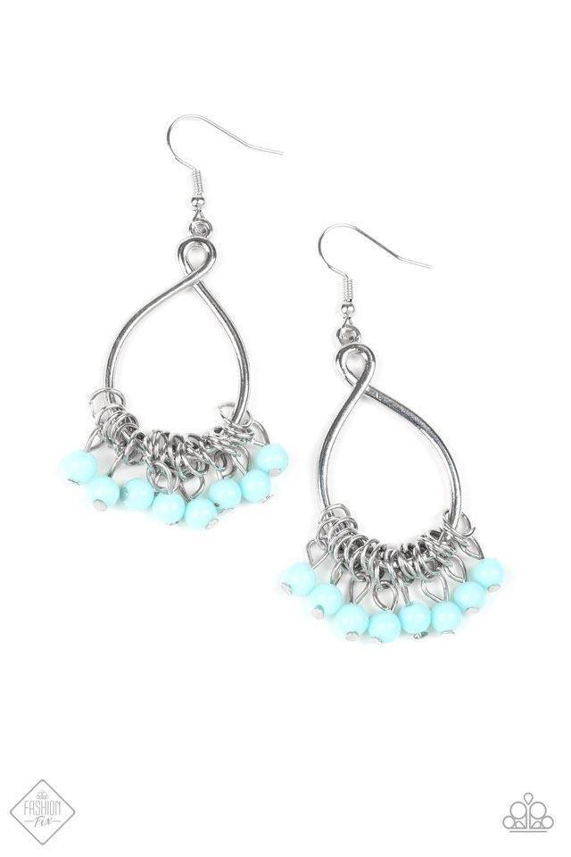 Paparazzi Accessories Malibu Sunset - Blue The glamorous frame swings from silver chain fittings with an assortment of teardrop blue beads and silver teardrops enclosing white rhinestones. Sold as one pair of earrings. Jewelry