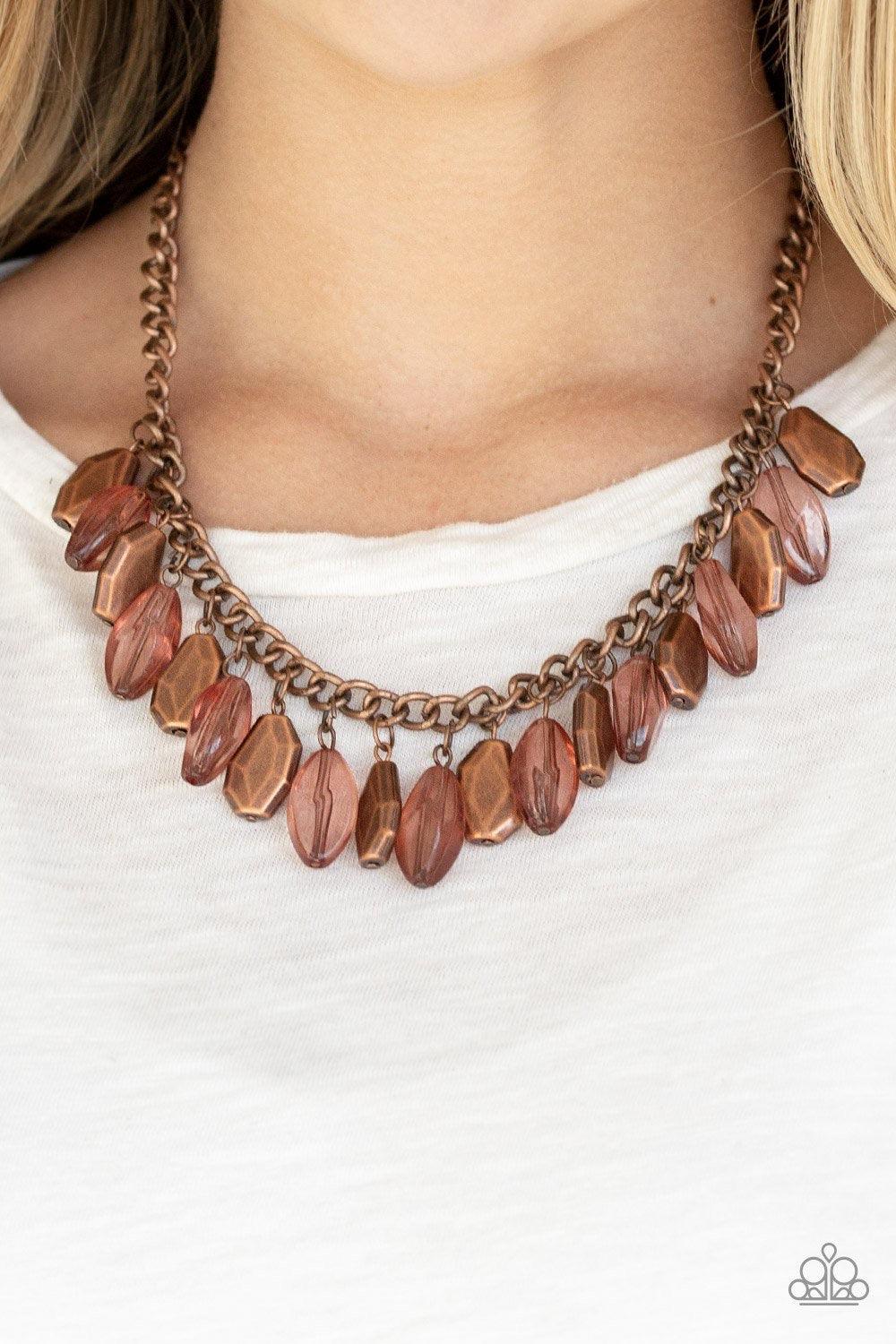 Paparazzi Accessories Fringe Fabulous - Copper Cloudy faceted beads and imperfect copper teardrops drip from the bottom of a shimmery copper chain, creating a sassy fringe below the collar. Features an adjustable clasp closure. Sold as one individual neck