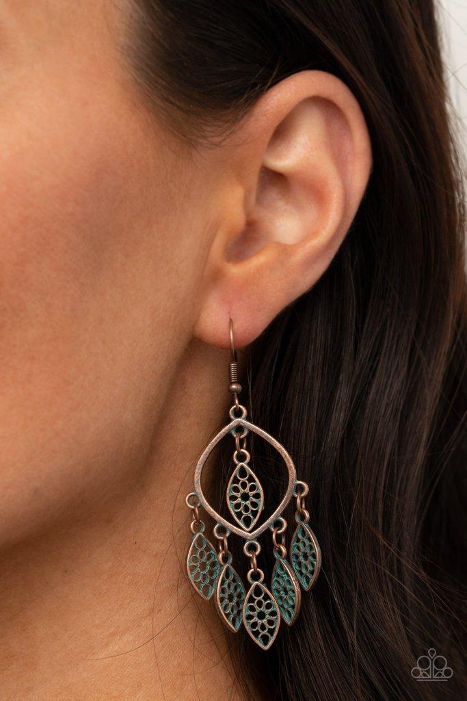 Paparazzi Accessories Artisan Garden - Copper Brushed in a patina finish, dainty floral copper frames swing from the bottom and top of an airy copper frame, creating a rustic fringe. Earring attaches to a standard fishhook fitting. Sold as one pair of ear