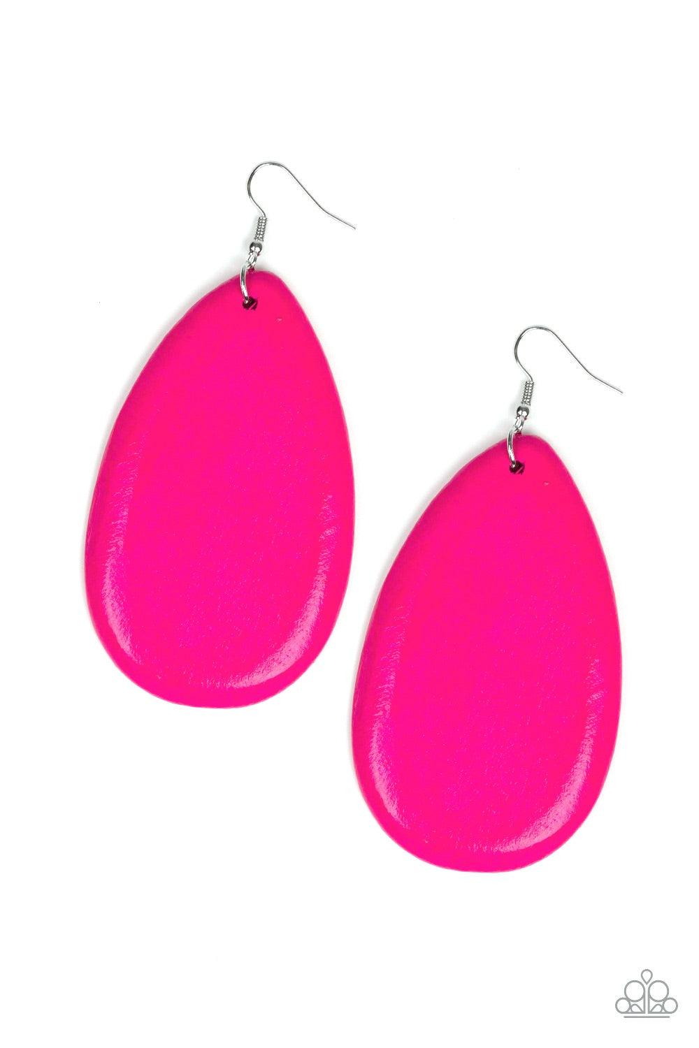 Paparazzi Accessories Beach Bride - Pink Brushed in a shiny finish, a vibrant pink wooden teardrop frame swings from the ear for a seasonal flair. Earring attaches to a standard fishhook fitting. Jewelry