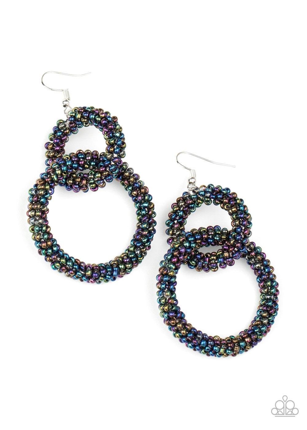 Paparazzi Accessories Luck BEAD a Lady - Multi A dainty collection of iridescent oil spill seed beads adorns two interlocking hoops, creating a colorfully stacked lure. Earring attaches to a standard fishhook fitting. Sold as one pair of earrings. Jewelry