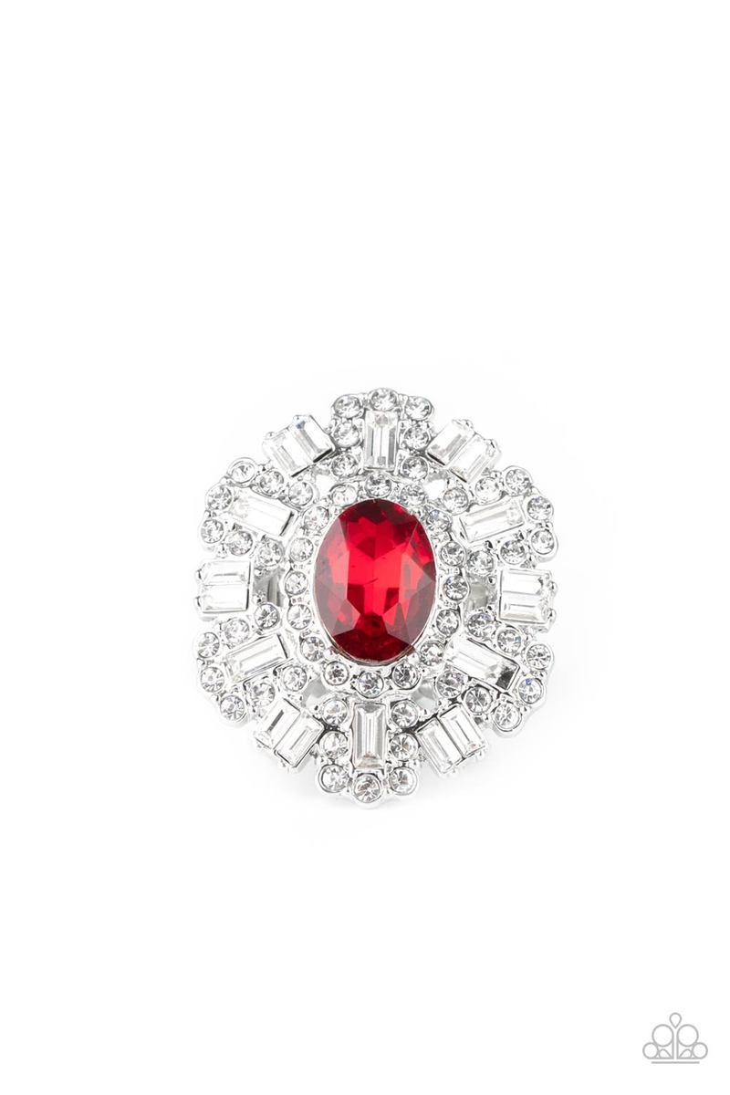 Paparazzi Accessories Iceberg Ahead - Red A sparkly series of round and emerald-cut rhinestone petals flare out from a red oval rhinestone center, creating a dramatically oversized centerpiece atop the finger. Features a stretchy band for a flexible fit.