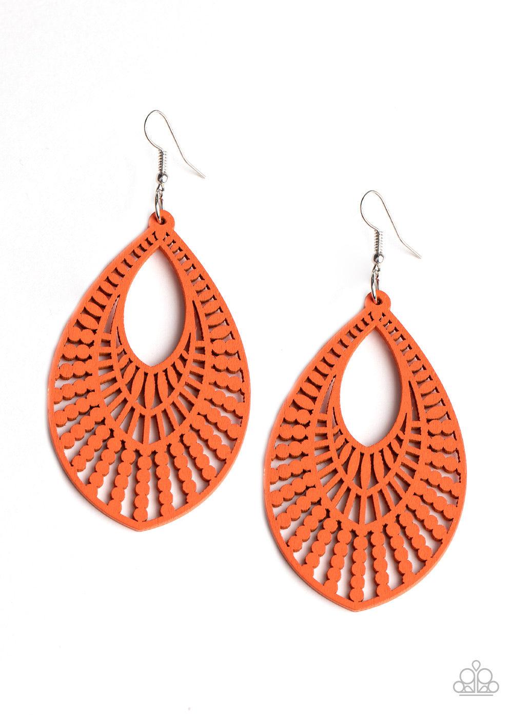 Paparazzi Accessories Bermuda Breeze - Orange Brushed in a refreshing orange finish, an airy wooden frame is cut into a stenciled teardrop lure for a summery flair. Earring attaches to a standard fishhook fitting. Sold as one pair of earrings. Jewelry