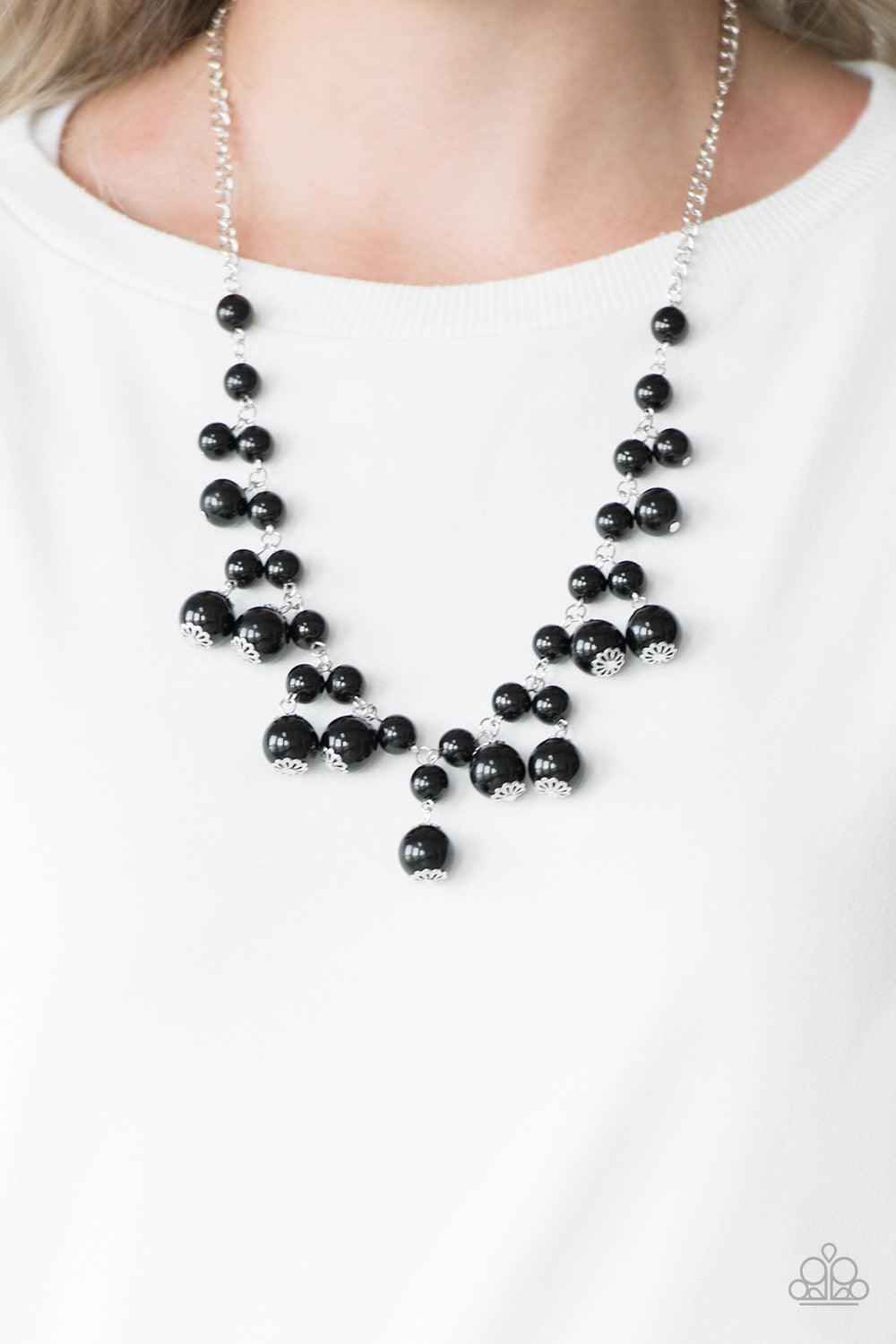 Paparazzi Accessories Soon To Be Mrs. - Black Varying in size, bubbly black beads swing from the bottom of a classic strand of black beads, creating a refined fringe below the collar. Features an adjustable clasp closure. Sold as one individual necklace.