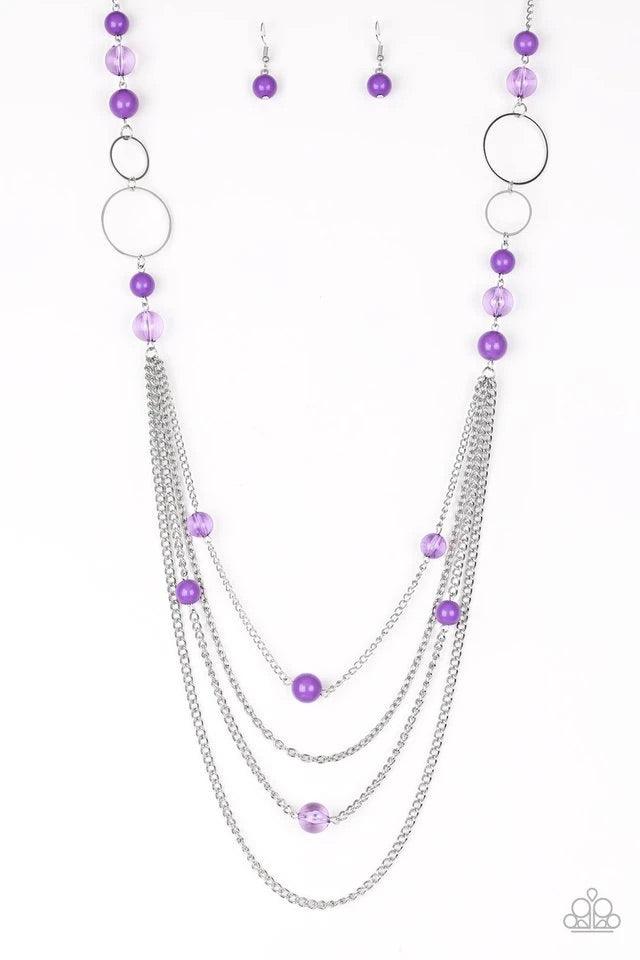 Paparazzi Accessories Bubbly Bright - Purple Infused with shimmery silver hoops, glassy and polished purple beads trickle along glistening silver chains for a bubbly look. Features an adjustable clasp closure. This Perfect Purple combination of earrings a