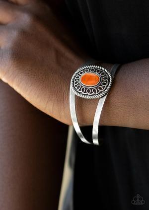 Paparazzi Accessories Deep In The TUMBLEWEEDS - Orange Featuring a vivacious orange stone center, an ornate silver frame sits atop an airy silver cuff for a seasonal look. Jewelry