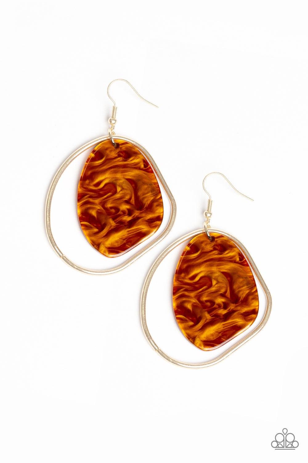 Paparazzi Accessories HAUTE Toddy - Orange Brushed in an orange shell-like iridescence, an abstract acrylic frame swings from the top of an asymmetrical gold hoop for a seasonal flair. Earring attaches to a standard fishhook fitting. Jewelry