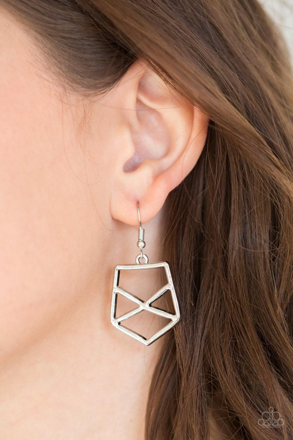 Paparazzi Accessories World Shattering ~Silver Shattered silver plates link below the collar, coalescing into an edgy geometric pendant. Features an adjustable clasp closure. Sold as one individual necklace. Includes one pair of matching earrings.