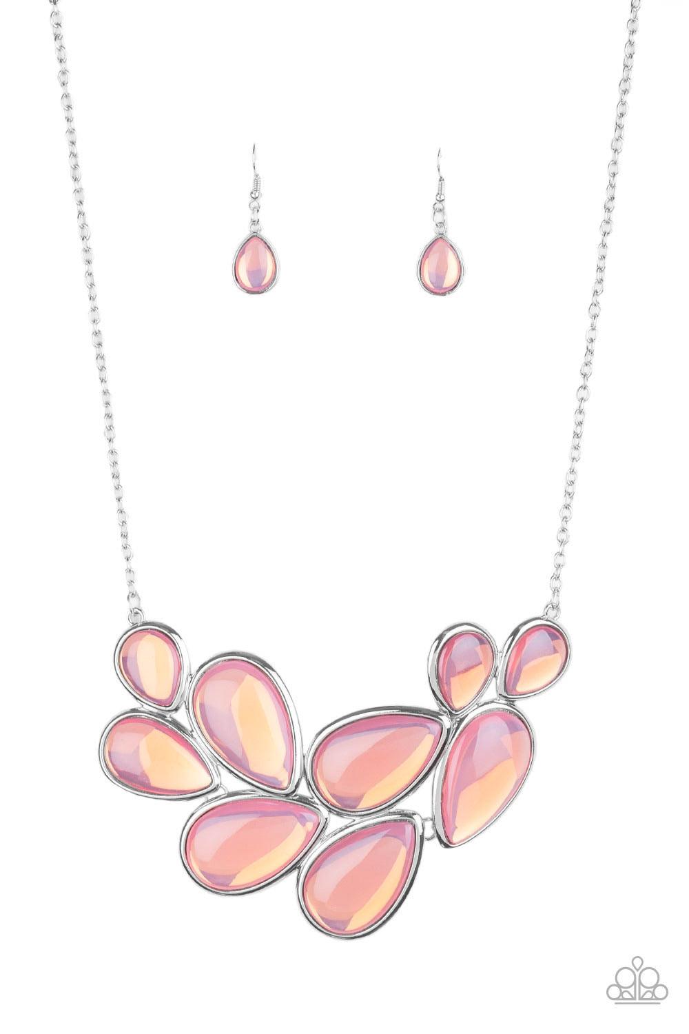 Paparazzi Accessories Iridescently Irresistible - Pink Sleek silver frames encase opalescent pink teardrops that cluster together to create a bubbly statement piece. Features an adjustable clasp closure. Sold as one individual necklace. Includes one pair