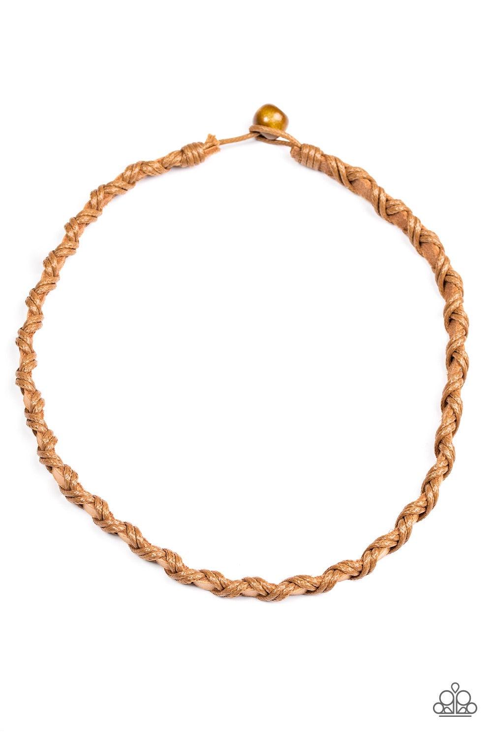 Paparazzi Accessories Hiker Haven - Brown Shiny brown cording crisscrosses along a strip of brown leather, creating a sleek urban palette below the collar. Features a button loop closure. Jewelry