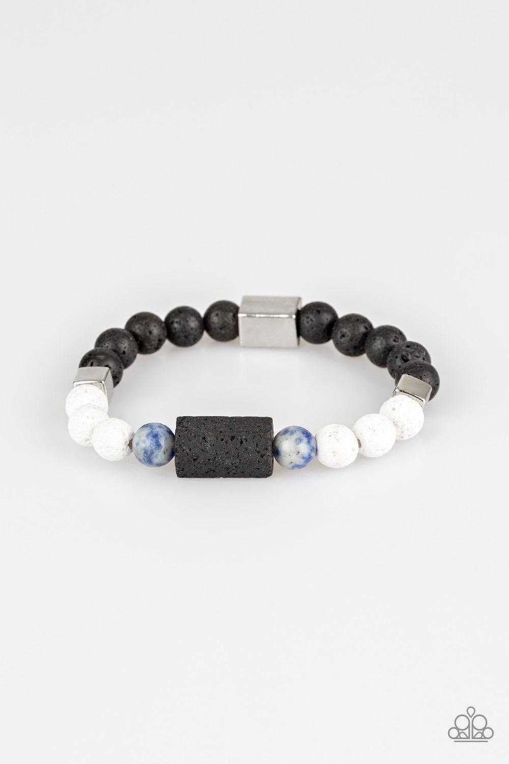 Paparazzi Accessories Run Out The Block - Blue Infused with refreshing blue stone beads, earthy black and white lava rocks are threaded along a stretchy band around the wrist. Block-like metallic and lava beads are added to the seasonal compilation for an
