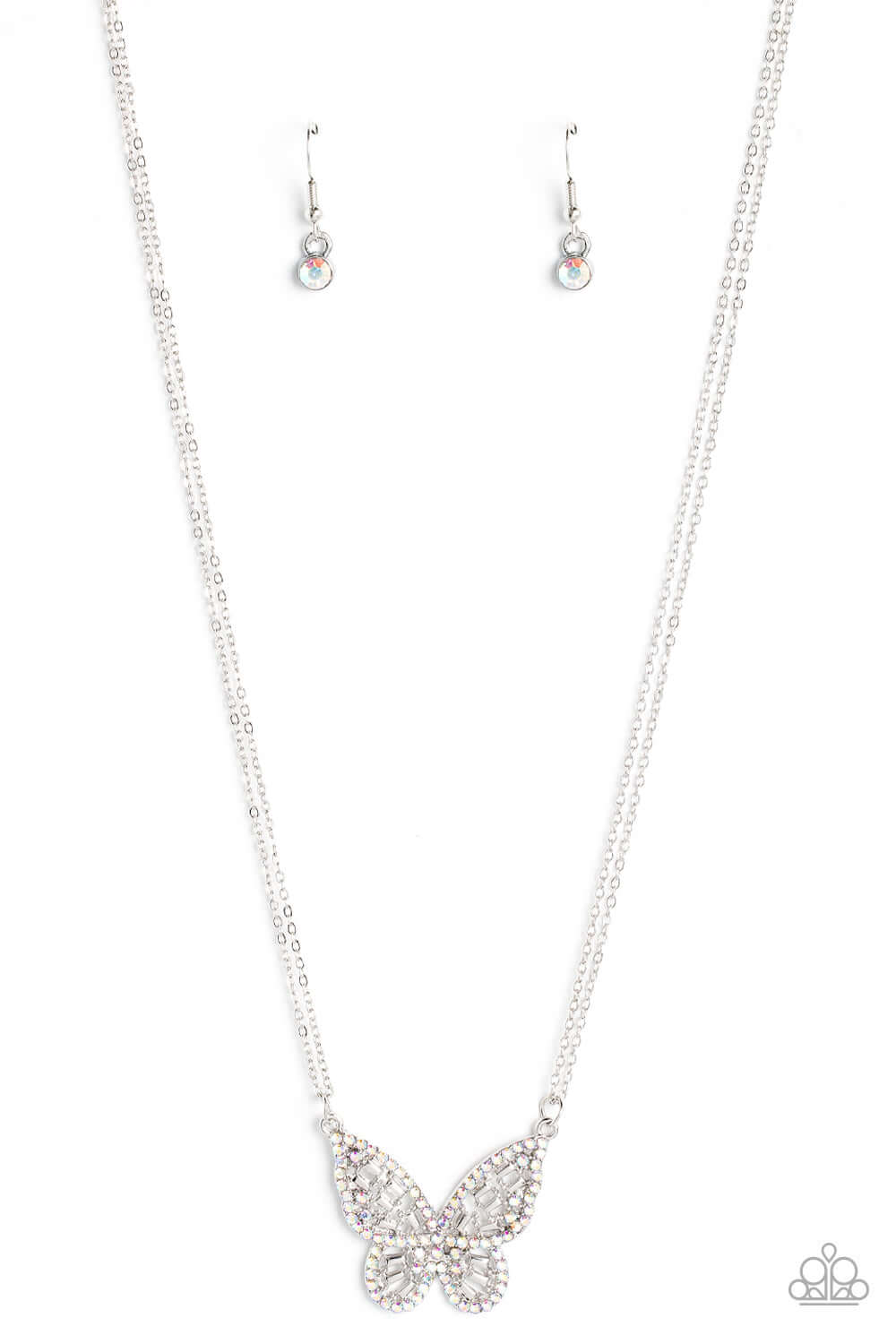 Paparazzi Accessories Baroque Butterfly - Multi Bordered in iridescent rhinestones, an airy silver butterfly is dotted in dainty iridescent rhinestones and shiny silver emerald-like accents as it flutters from two chains below the collar for an enchanting