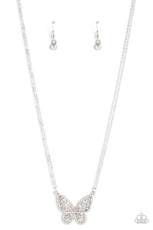 Paparazzi Accessories Baroque Butterfly - Multi Bordered in iridescent rhinestones, an airy silver butterfly is dotted in dainty iridescent rhinestones and shiny silver emerald-like accents as it flutters from two chains below the collar for an enchanting