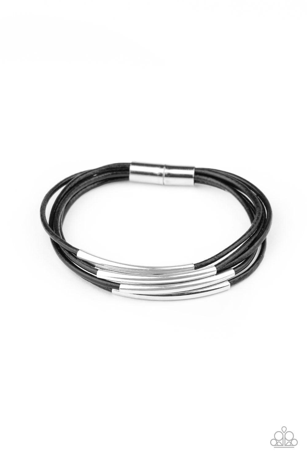 Paparazzi Accessories Power CORD - Black Cylindrical silver beads slide along shiny black cords, creating edgy layers across the wrist. Features a magnetic closure. Sold as one individual bracelet. Jewelry