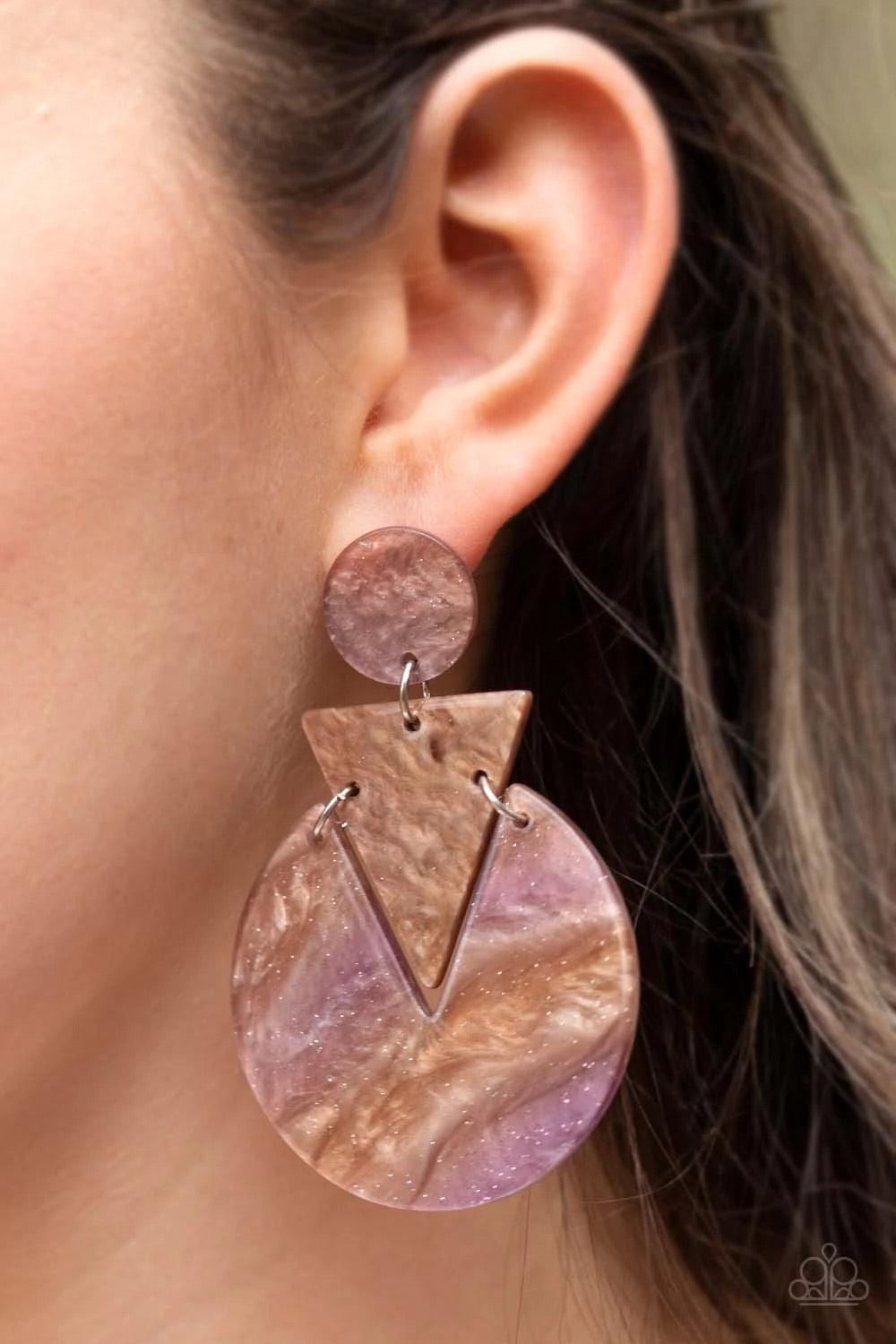 Paparazzi Accessories Head Under WATERCOLORS - Brown Swirling with watercolor-like patterns, glittery brown acrylic frames connect into an abstract lure for a retro look. Colors may vary. Earring attaches to standard post fitting.Sold as one pair of post