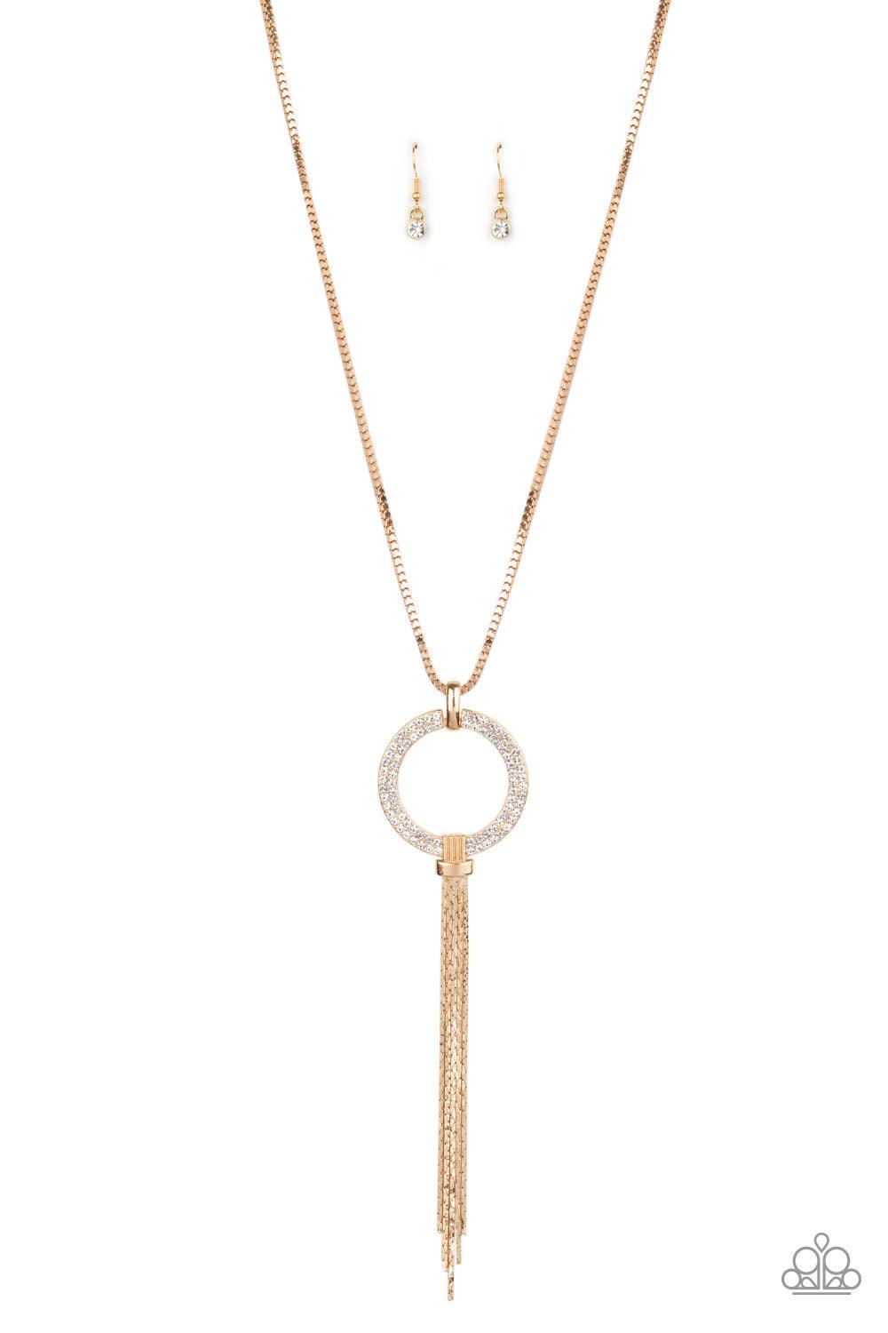 Paparazzi Accessories Not A HEIR Out Of Place - Gold Encrusted in blinding white rhinestones, a sparkling gold ring swings from the bottom of a lengthened gold box chain. Flattened gold chains stream from the bottom of the glittery pendant for a regal fin