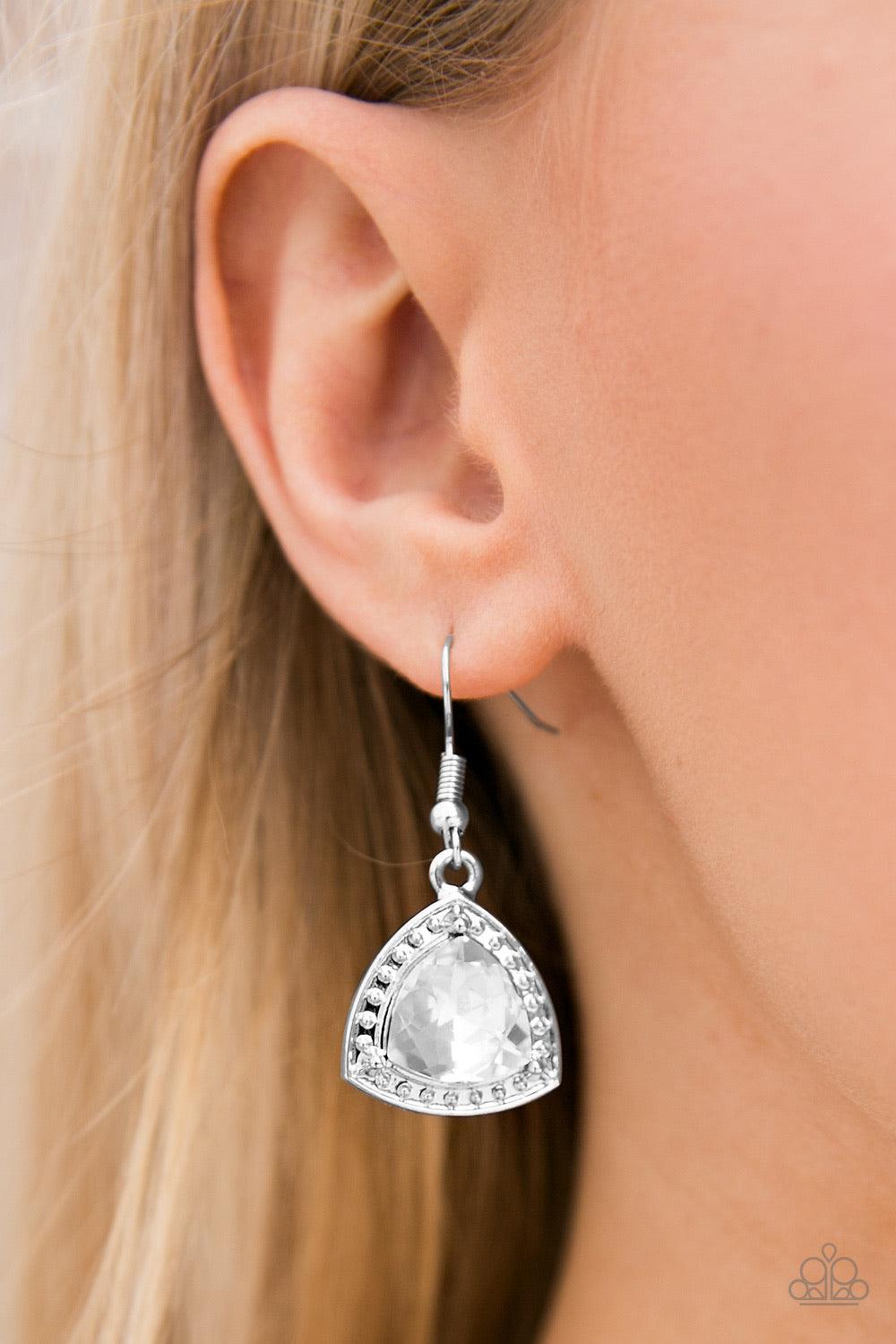 Paparazzi Accessories Midnight Social - Silver A glittery white gem dots a silver studded frame for a regal display. Earring attaches to a standard fishhook fitting Jewelry