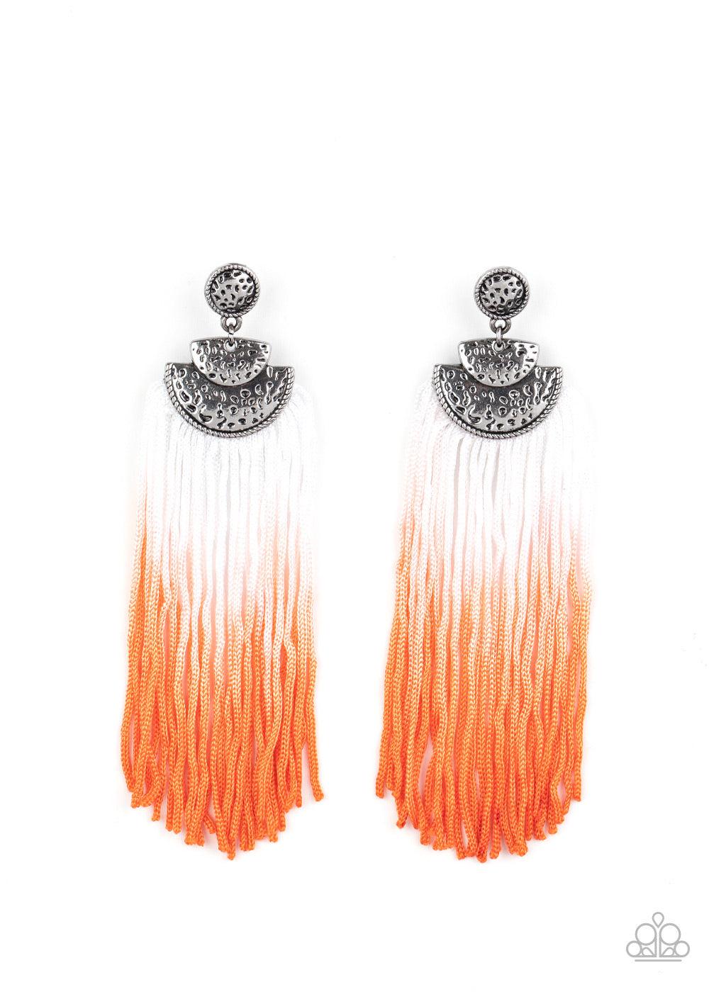 Paparazzi Accessories DIP It Up - Orange Gradually fading from white to orange, shiny cording streams from the bottom of hammered silver frames, creating a colorful fringe. Earring attaches to a standard post fitting. Sold as one pair of post earrings. Je