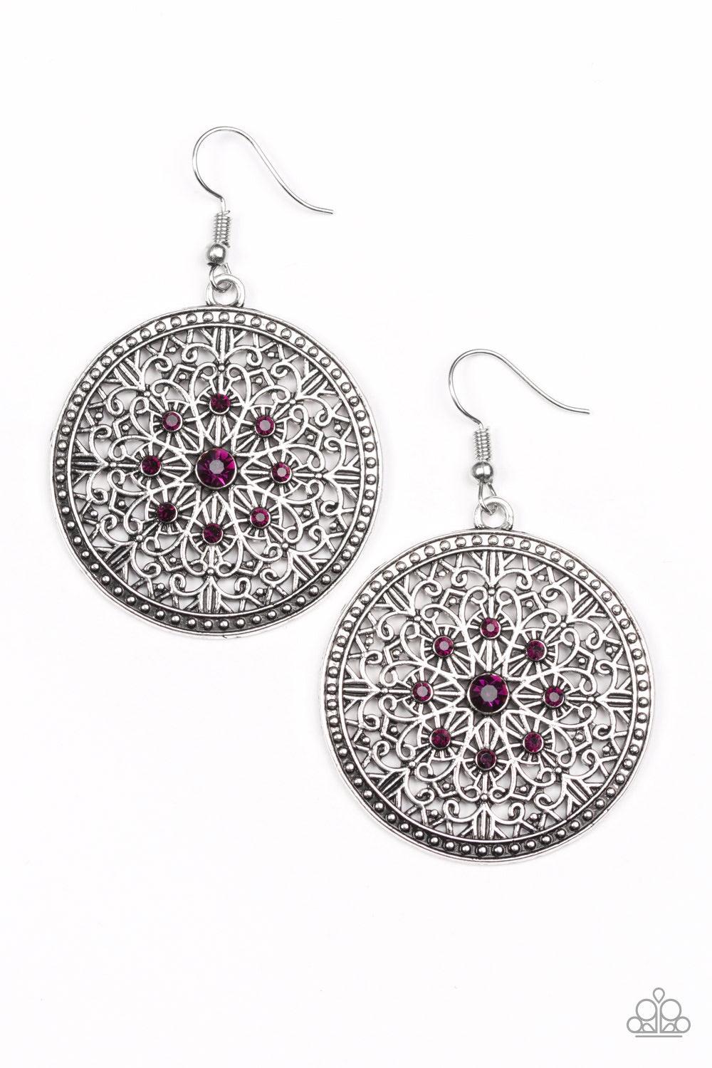 Paparazzi Accessories Catch A Chill - Purple Shimmery silver filigree swirls into an ornate snowflake pattern. Glittery purple rhinestones are pressed into the ornate center for a regal finish. Earring attaches to a standard fishhook fitting. Jewelry