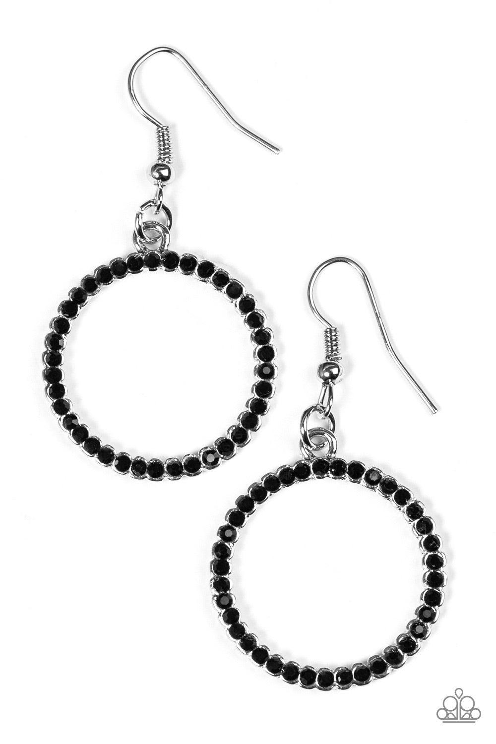 Paparazzi Accessories Champagne CHIC - Black Glittery black rhinestones are encrusted along a shimmery silver hoop, creating a bubbly lure. Earring attaches to a standard fishhook fitting. Jewelry