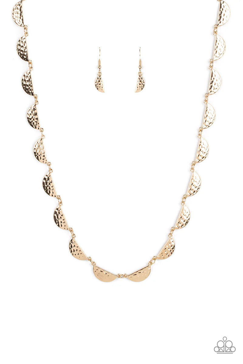 Paparazzi Accessories Lunar Jungle - Gold A celestial display of hammered half-moon gold discs link together for a cosmic charm below the collar. Features an adjustable clasp closure. Sold as one individual necklace. Includes one pair of matching earrings