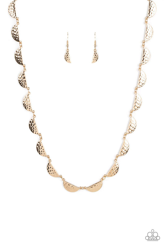 Paparazzi Accessories Lunar Jungle - Gold A celestial display of hammered half-moon gold discs link together for a cosmic charm below the collar. Features an adjustable clasp closure. Sold as one individual necklace. Includes one pair of matching earrings