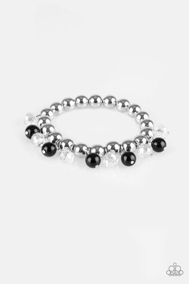 Paparazzi Accessories Once In A Millennium - Black Shiny silver beads are threaded along an elastic stretchy band. Shiny black beads and glassy crystal-like beads swing from the wrist for a refined look. Sold as one individual bracelet. Jewelry