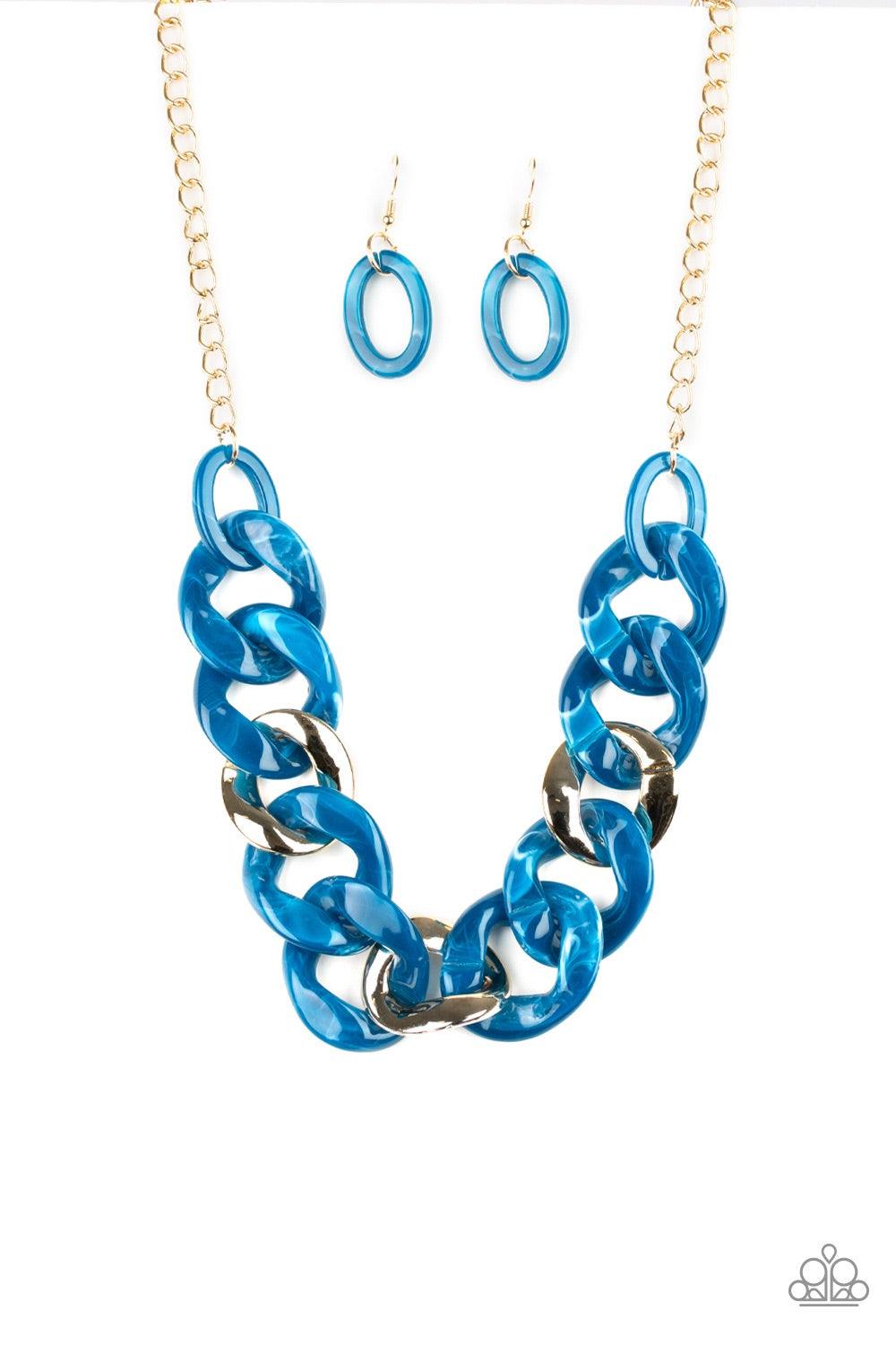 Paparazzi Accessories I Have A HAUTE Date - Blue Featuring a faux marble finish, smoky blue acrylic links connect with shiny metallic links below the collar for a colorful statement-making look. Features an adjustable clasp closure. Jewelry