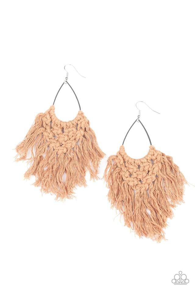 Paparazzi Accessories Oh MACRAME, Oh My - Brown Soft brown twine is decoratively knotted around a silver teardrop frame, creating a statement making fringe. Earring attaches to a standard fishhook Jewelry