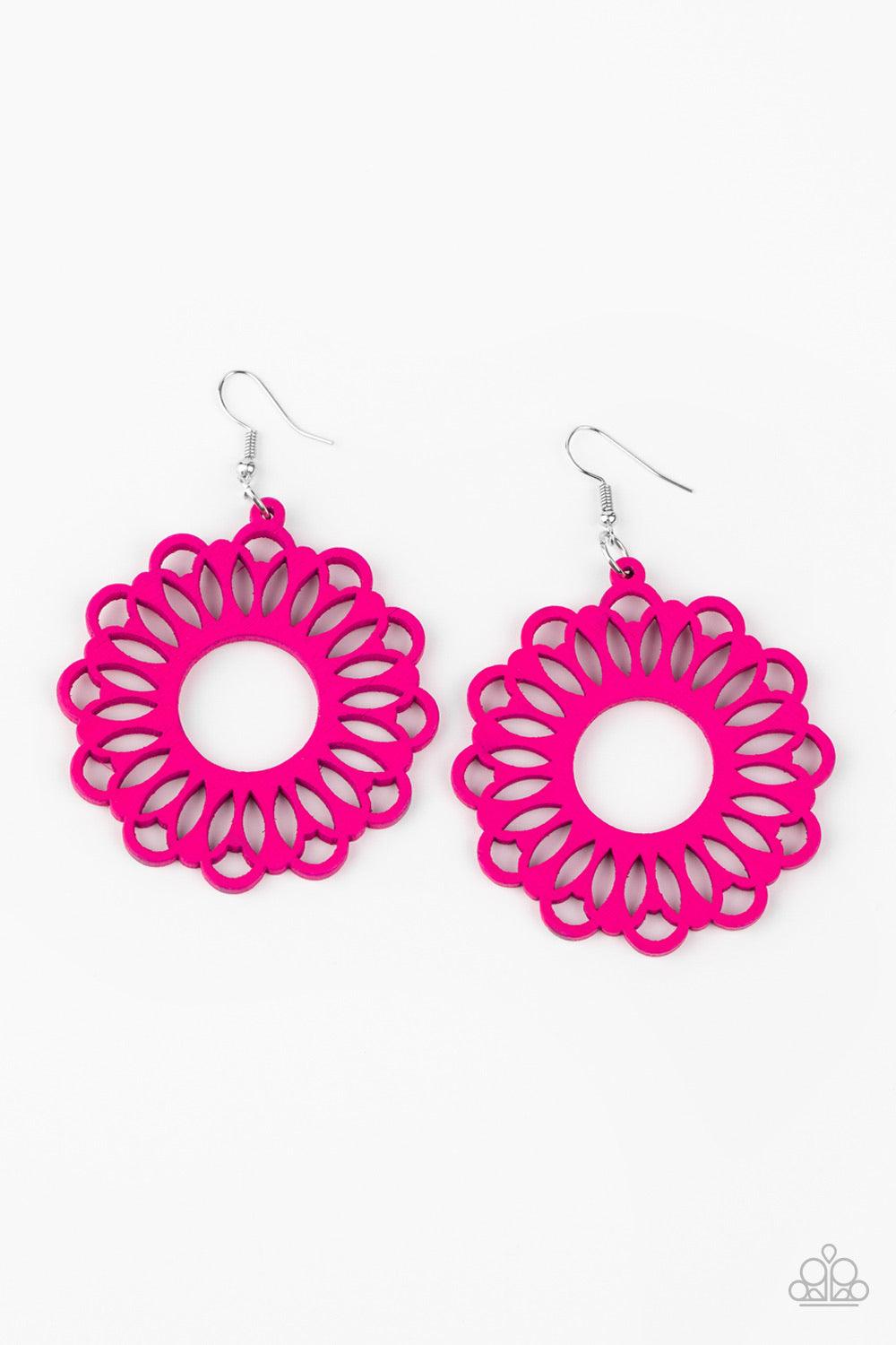 Paparazzi Accessories Dominican Daisy - Pink Painted in a flamboyant Pink Peacock finish, an airy wooden frame is cut into a whimsical stenciled pattern for a colorful floral look. Earring attaches to a standard fishhook fitting. Sold as one pair of earri
