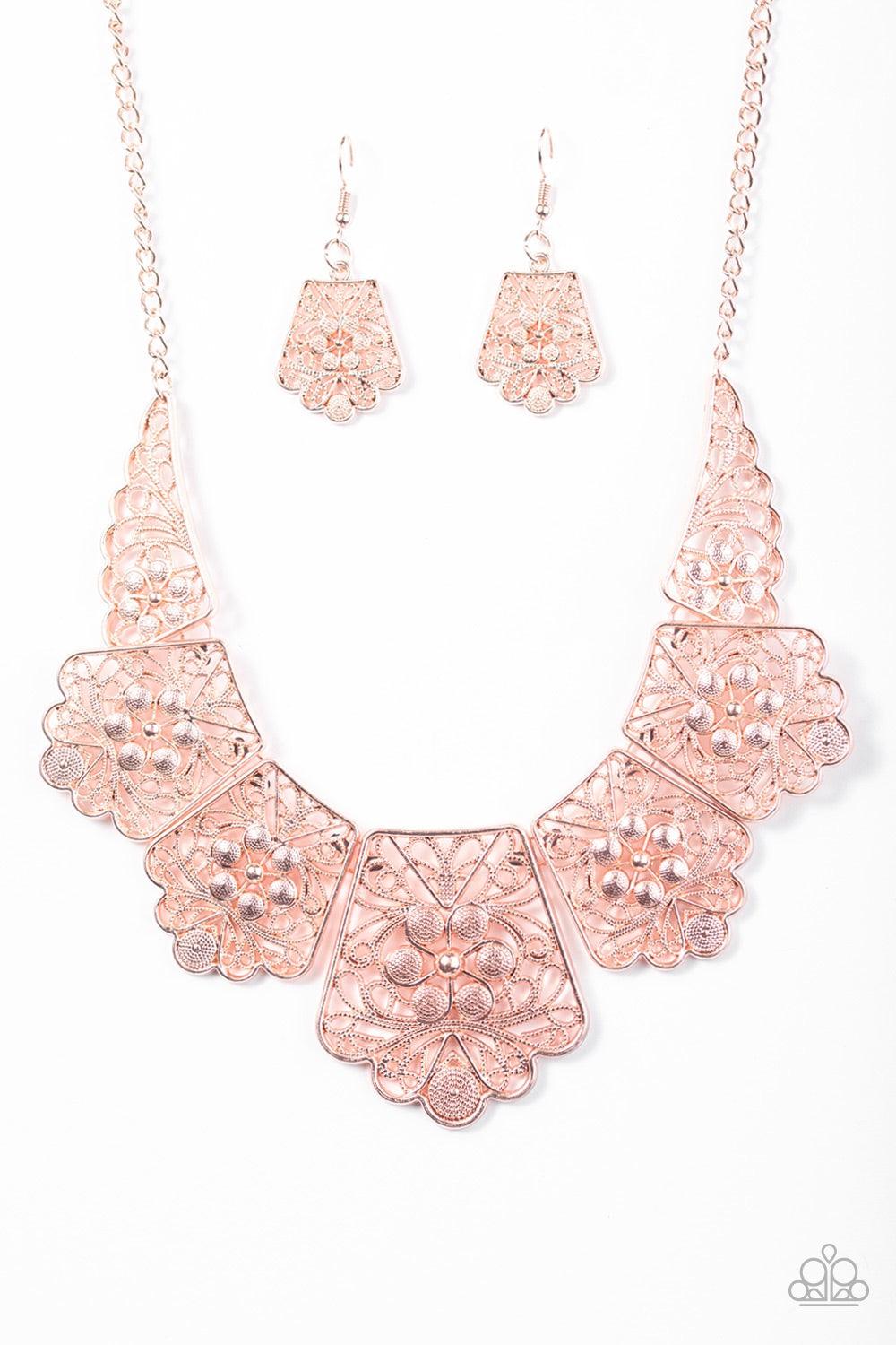 Paparazzi Accessories Native Nature - Rose Gold Featuring whimsical floral details, scalloped rose gold plates link below the collar in a dramatic fashion. Features an adjustable clasp closure. Jewelry