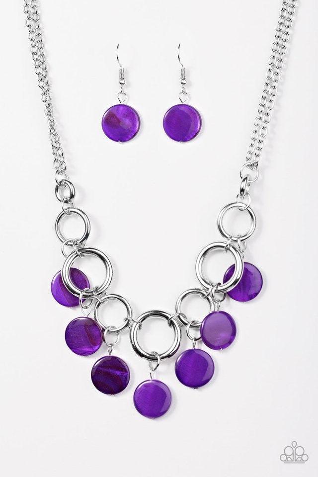 Paparazzi Accessories Coastal Adventure - Purple Brushed in a shell-like iridescence, shiny purple beading swings from the bottom of bold silver hoops, creating a colorful fringe below the collar. Features an adjustable clasp closure. Jewelry