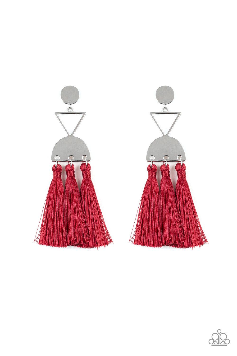 Paparazzi Accessories Tassel Trippin - Red A shimmery silver disc, airy silver triangle, and shimmery half moon frame link into a geometric lure. Three red threaded tassels swing from the bottom of the stacked frame for a trendy finish. Earring attaches t