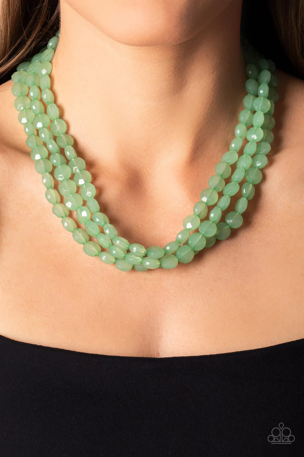 Paparazzi Accessories Boundless Bliss - Green Featuring faceted gem-like cuts, opaque Basil crystal-like beads are threaded along layers of thread below the collar for a dreamy pop of color. Features an adjustable clasp closure. Sold as one individual nec
