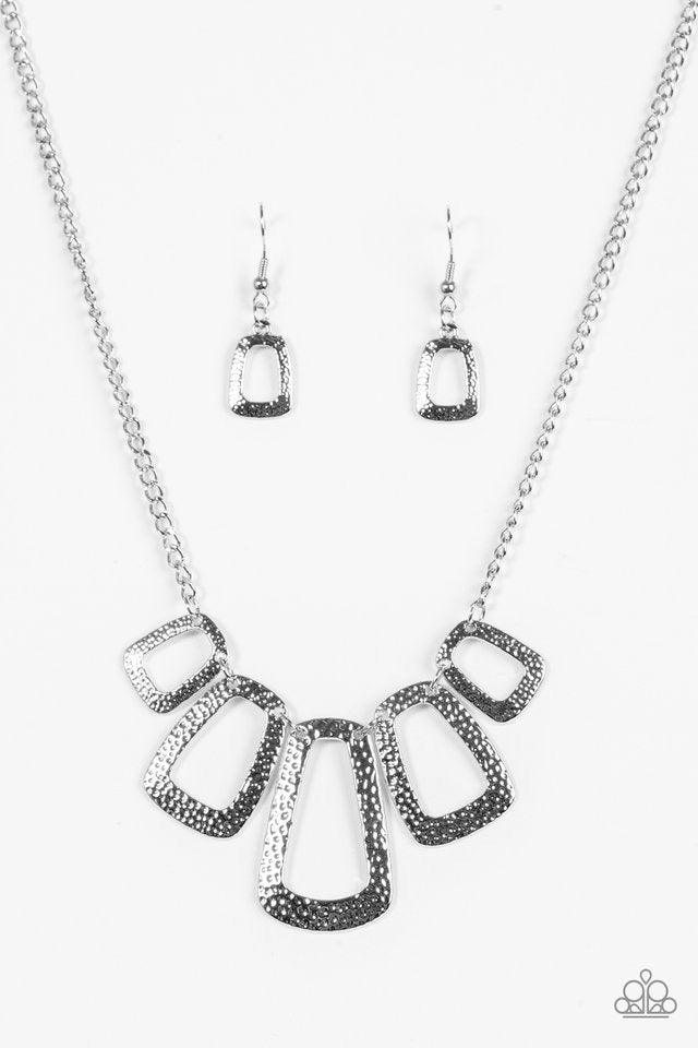 Paparazzi Accessories Nice FRAMEWORK - Silver Radiating in hammered textures, rectangular frames swing from a shimmery silver frame below the collar for an edgy geometric look. Features an adjustable clasp closure. Sold as one individual necklace. Include
