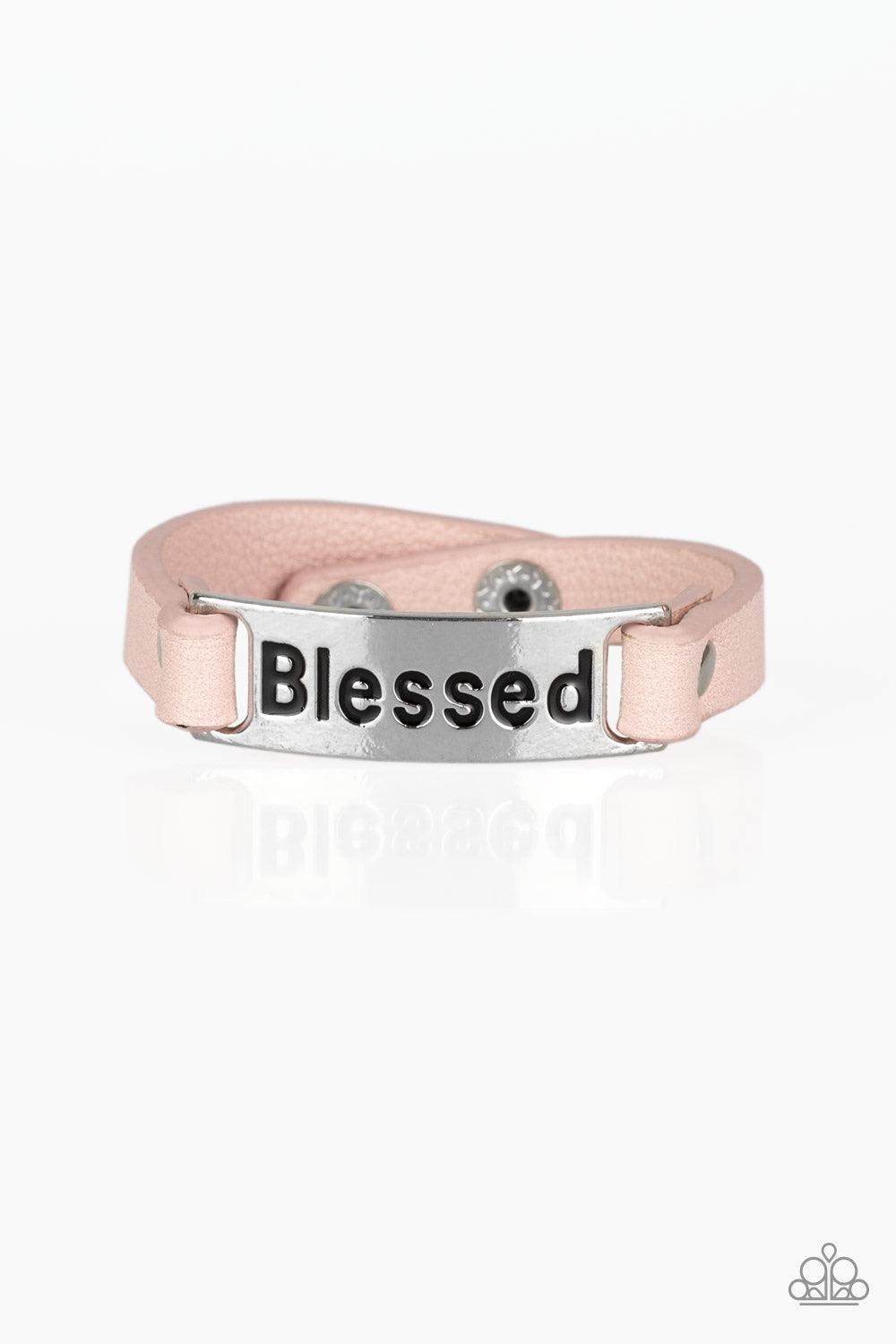 Paparazzi Accessories Count Your Blessings - Pink Stamped in the word, "Blessed" a shiny silver plate is studded in place along a dainty pink leather band for a whimsical look. Features an adjustable snap closure. Jewelry
