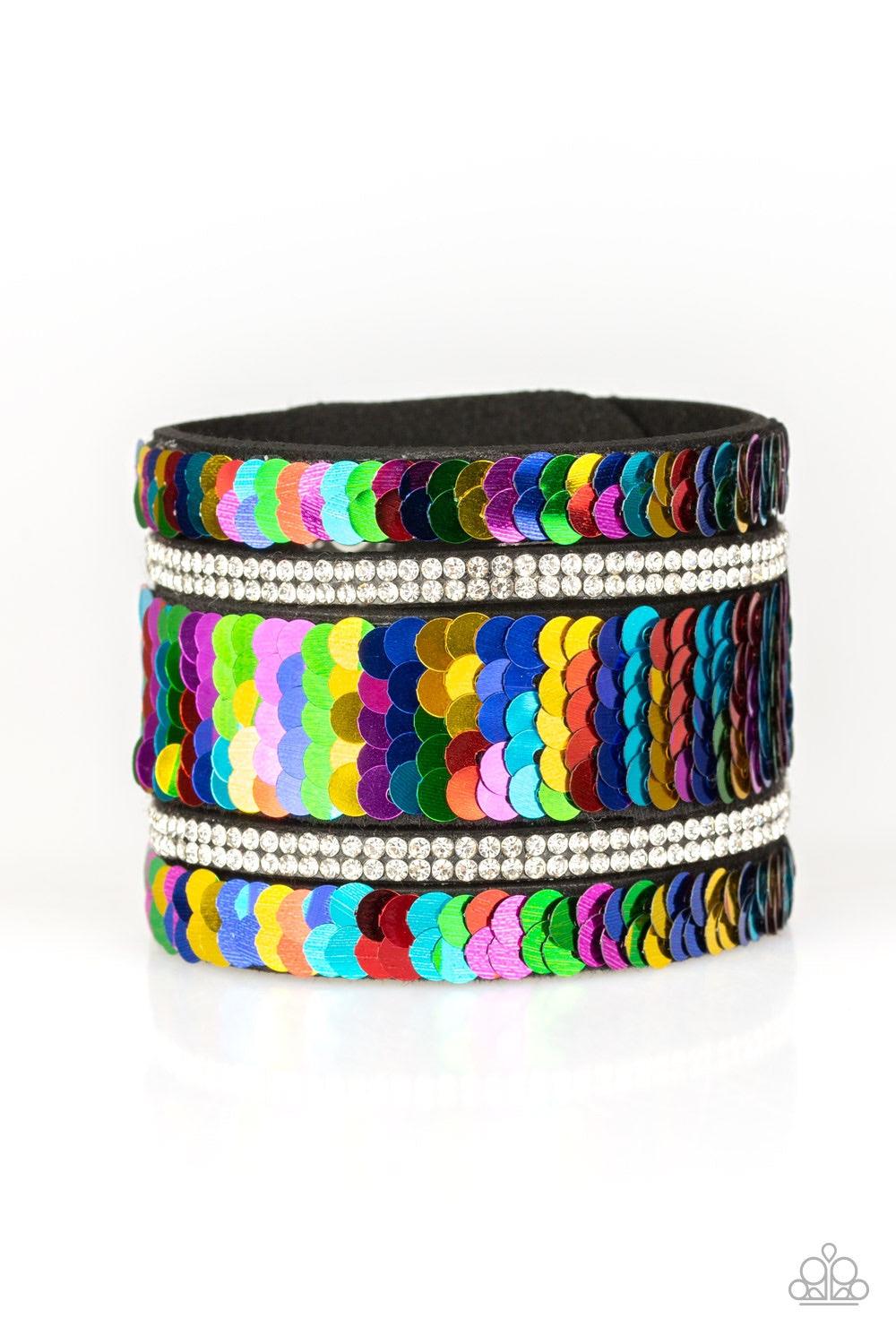 Paparazzi Accessories MERMAID Service - Multi Infused with strands of blinding white rhinestones, row after row of shimmery sequins are stitched across the front of a spliced black suede band. Bracelet features reversible sequins that change from silver t