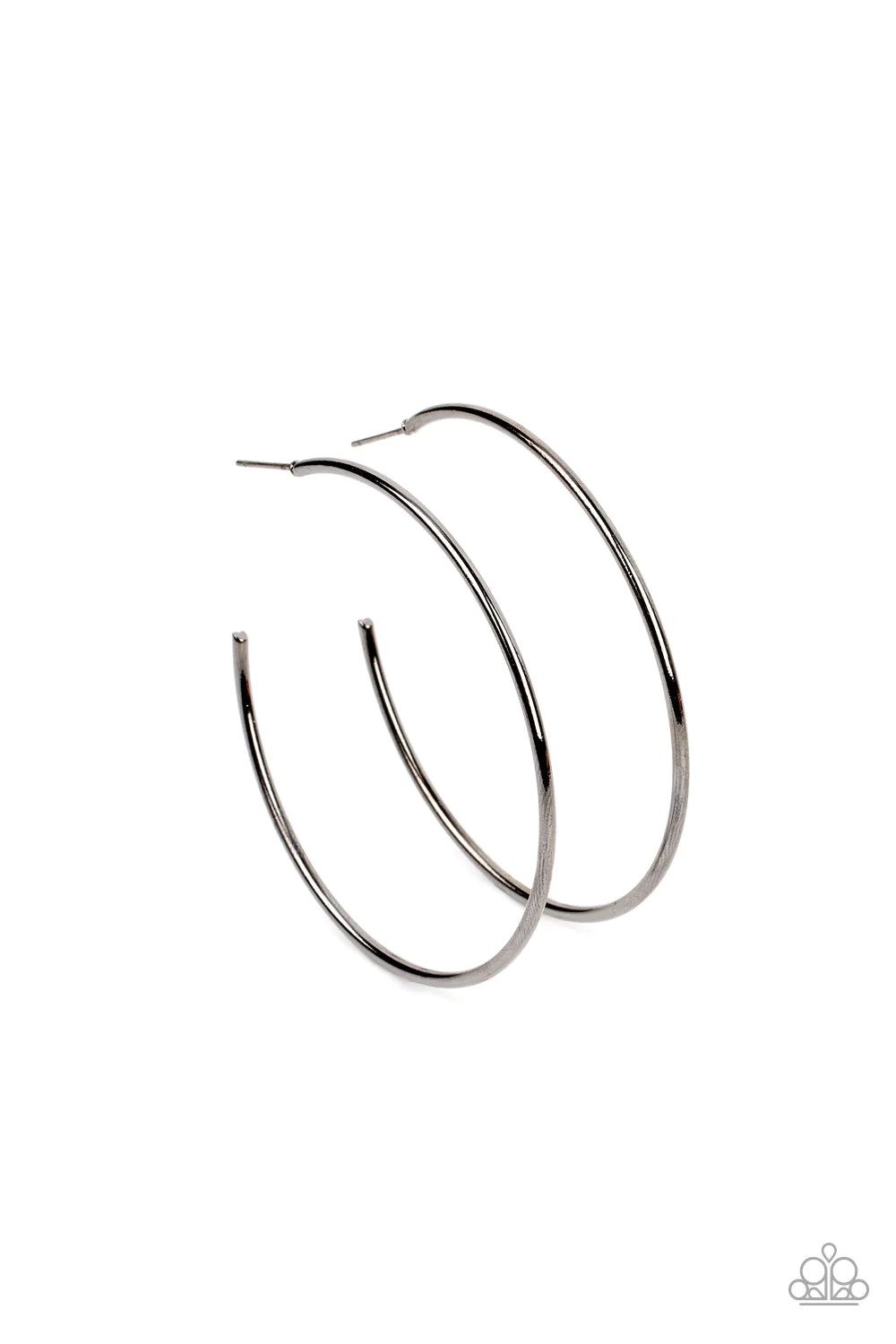 Paparazzi Accessories Can I Get a HOOP HOOP - Black A glistening gunmetal wire boldly curls into an oversized hoop, creating a minimalist inspired fashion. Earring attaches to a post fitting. Hoop measures approximately 2 in diameter. Sold as one pair of