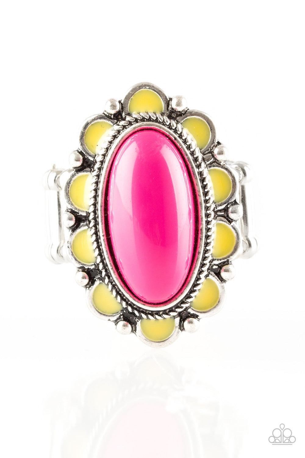Paparazzi Accessories Beach Bloom - Pink Vibrant yellow petals spin around a vivacious pink beaded center, creating a summery flower atop the finger. Features a stretchy band for a flexible fit. Jewelry