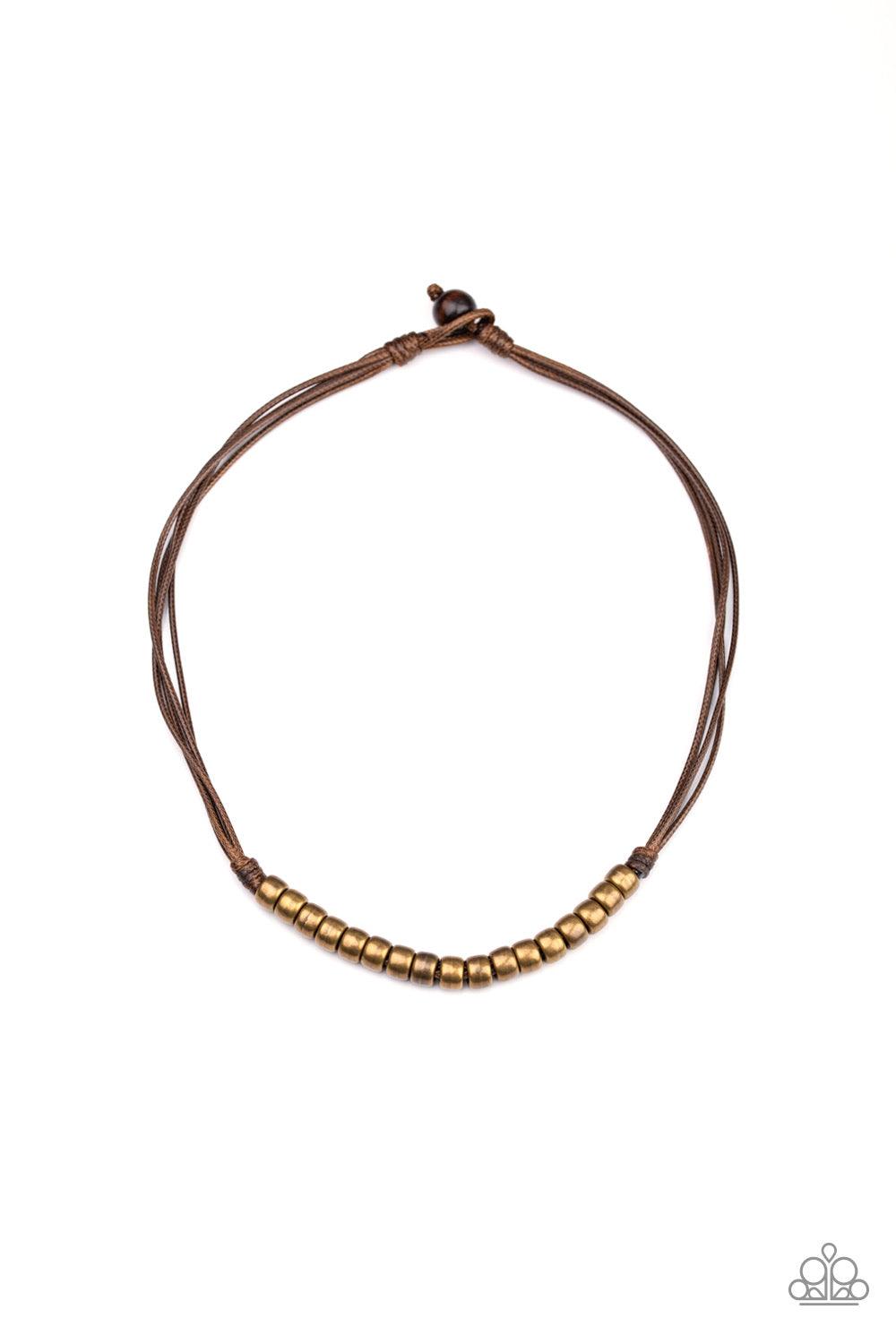 Paparazzi Accessories On The TREASURE Hunt - Brown A row of brass beads is knotted in place along strands of brown cording below the collar for a seasonal look. Features a button loop closure. Sold as one individual necklace. Jewelry