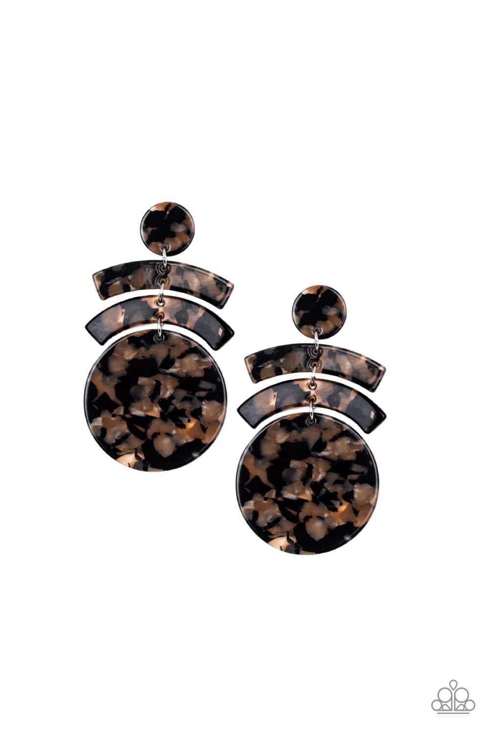 Paparazzi Accessories In The HAUTE Seat - Black Featuring a faux-marble finish, shiny acrylic frames link into an abstract lure for a retro look. Earring attaches to a standard post fitting. Jewelry