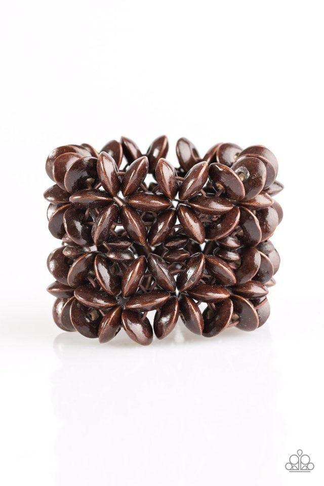 Paparazzi Accessories Hawaii Haven - Brown Earthy brown wooden accents are threaded along elastic stretchy bands, creating summery floral patterns across the wrist for a seasonal look. Sold as one individual bracelet. Jewelry