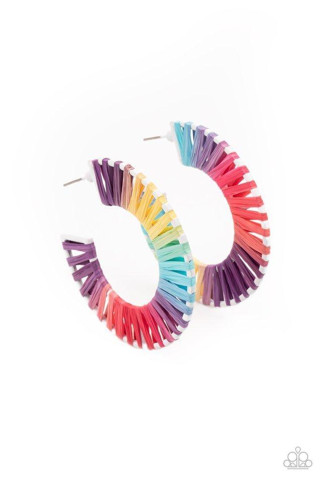 Paparazzi Accessories Everybody Conga! - Multi Multicolored wicker-like cording is wrapped around a white hoop, creating a vivacious pop of color. Earring attaches to a standard post fitting. Hoop measures approximately 1 3/4" in diameter. Sold as one pai