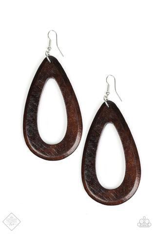 Paparazzi Accessories Malibu Mimosas - Brown Brushed in a brown finish, an airy wooden teardrop frame swings from the ear in a seasonal fashion. Earring attaches to a standard fishhook fitting. Jewelry