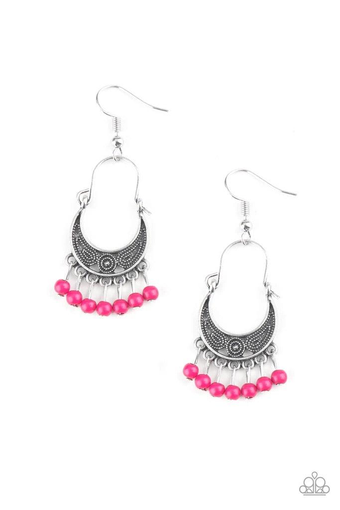Paparazzi Accessories Hopelessly Houston - Pink Painted in the vivacious hue of Love Potion, dainty pink beads swing from the bottom of a crescent shaped frame, creating a flirty fringe. Earring attaches to a standard fishhook fitting. Sold as one pair of
