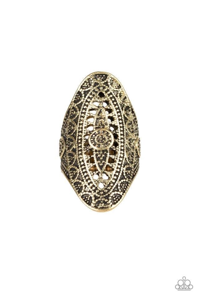 Paparazzi Accessories TRIBAL and Tribulations ~Brass Radiating with studded filigree, an ornate brass oval folds around the finger for a bold tribal look. Features a stretchy band for a flexible fit.