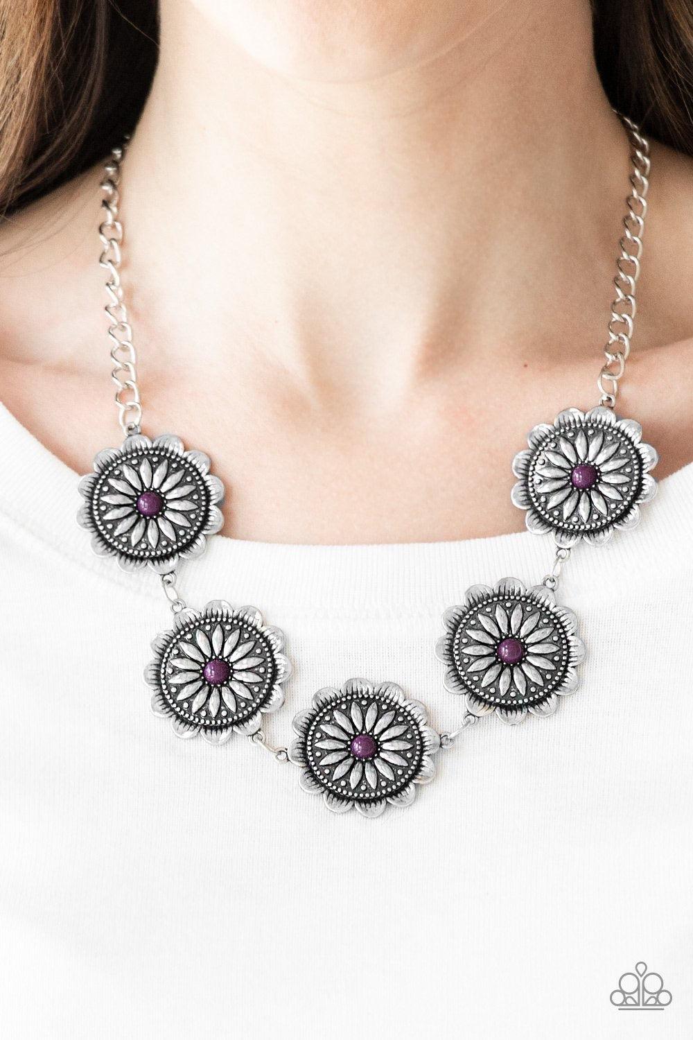 Paparazzi Accessories Me-dallions, Myself, and I - Purple Infused with shiny plum beaded centers, ornate floral stamped frames link below the collar for a colorfully, seasonal look. Features an adjustable clasp closure. Sold as one individual necklace. In
