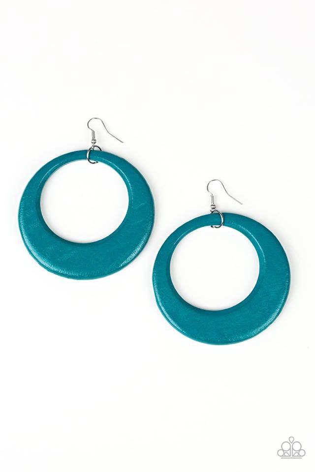 Paparazzi Accessories Modern Malibu Barbie - Blue Brushed in a refreshing blue finish, an airy wooden frame swings from the ear in a seasonal fashion. Earring attaches to a standard fishhook fitting. Jewelry