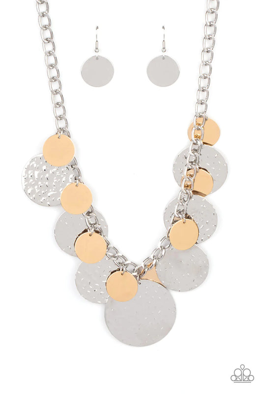 Paparazzi Accessories Industrial Grade Glamour - Silver Oversized gold discs and hammered silver discs swing from the bottom of a chunky silver chain, creating a rambunctious fringe below the collar. Features an adjustable clasp closure. Sold as one indiv