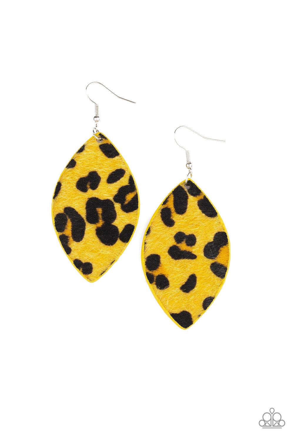 Paparazzi Accessories GRR-irl Power! - Yellow Featuring black cheetah print, a fuzzy yellow almond-shaped frame swings from the ear for a wild look. Earring attaches to a standard fishhook fitting. Jewelry